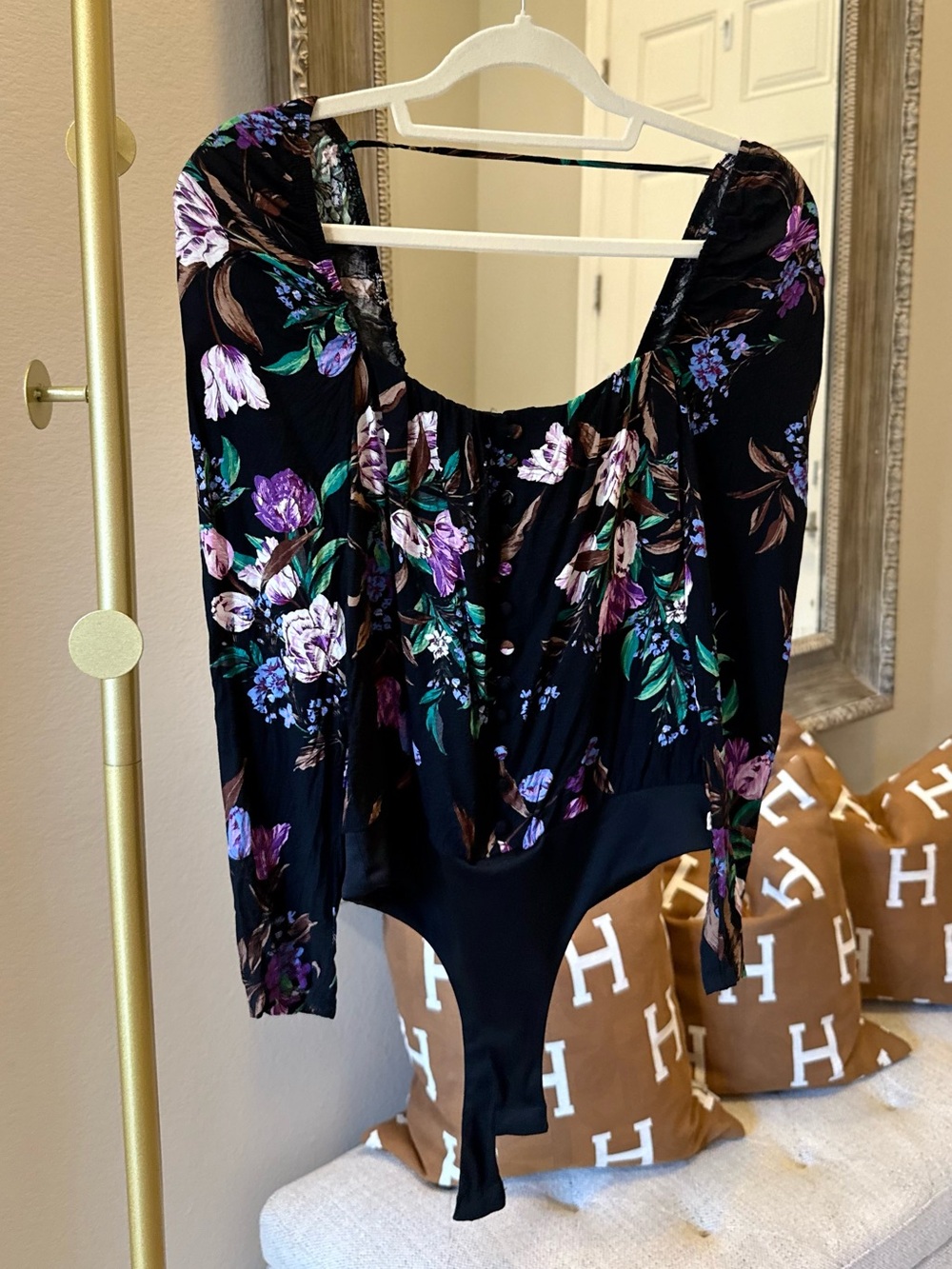 AFRM Black Floral Long-Sleeve Square-Neck Bodysuit Small